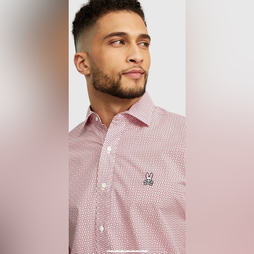 Psycho Bunny Short Sleeve Button Down Shirt Size M Pink Geometric Print like new